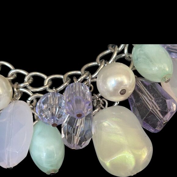 Pearl & Crystal Charm Necklace Mint Green Lavender White Statement Jewelry - Picture 3 of 6